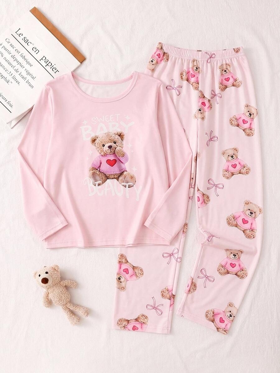 SHEIN 2pcs/Set Tween Girl Loungewear Long Sleeve Pullover Top And Pants Pink Set, Bow Cute Bear Pattern, All Season, Autumn/Winter - Multicolor - View 1
