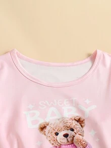 SHEIN 2pcs/Set Tween Girl Loungewear Long Sleeve Pullover Top And Pants Pink Set, Bow Cute Bear Pattern, All Season, Autumn/Winter - Multicolor - View 4