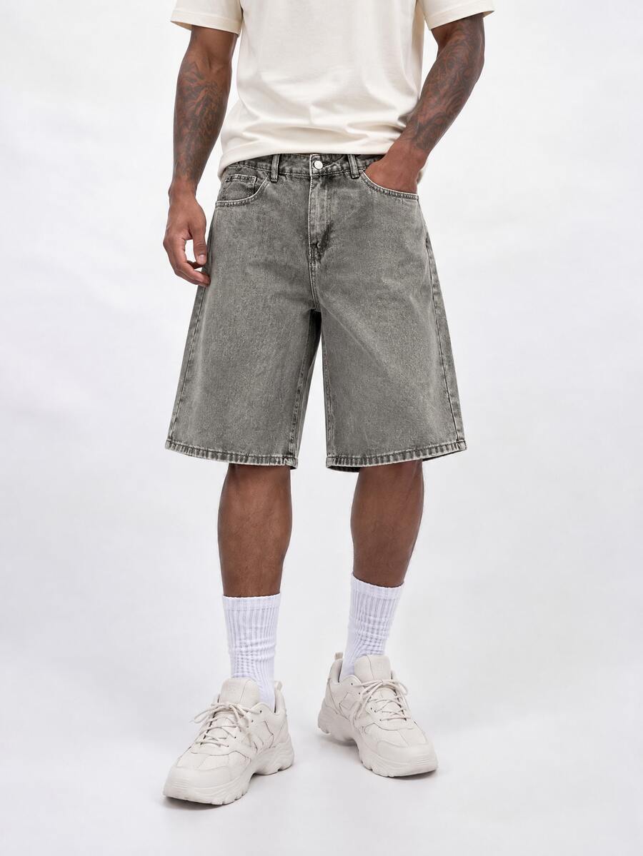 StoneGrade Men's Light Blue Washed Denim Loose Casual Shorts Jorts - Light Grey - View 1