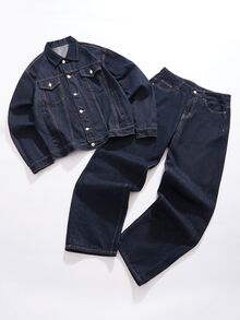 StoneGrade Men Navy Blue Denim 2 Piece Set, Casual Jacket And Loose Fit Pants, Spring/Autumn Boyfriend & Husband Regular Washed Black Loose Wide Leg For Chore Jacket Mens Denim Set - Dark Wash - View 9