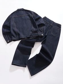 StoneGrade Men Navy Blue Denim 2 Piece Set, Casual Jacket And Loose Fit Pants, Spring/Autumn Boyfriend & Husband Regular Washed Black Loose Wide Leg For Chore Jacket Mens Denim Set - Dark Wash - View 2