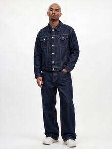 StoneGrade Men Navy Blue Denim 2 Piece Set, Casual Jacket And Loose Fit Pants, Spring/Autumn Boyfriend & Husband Regular Washed Black Loose Wide Leg For Chore Jacket Mens Denim Set - Dark Wash - View 1