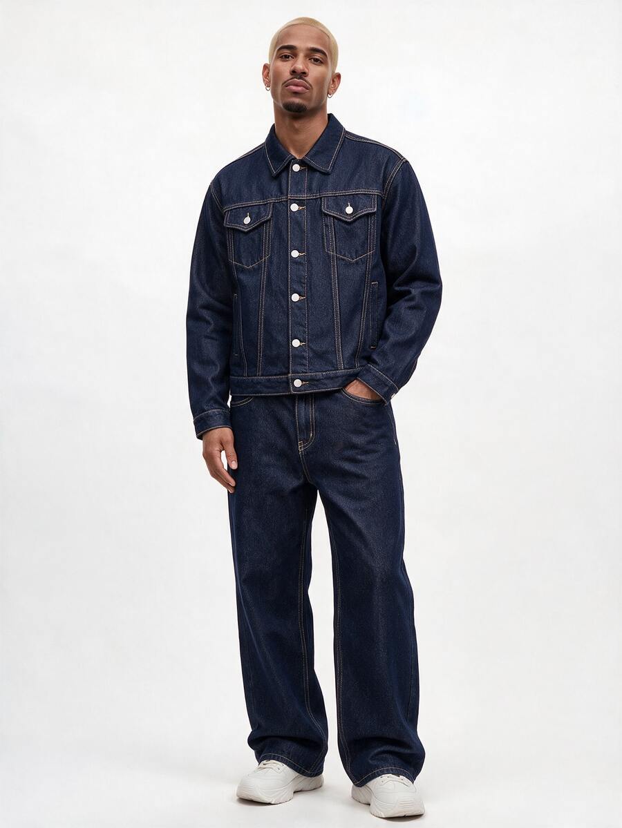 StoneGrade Men Navy Blue Denim 2 Piece Set, Casual Jacket And Loose Fit Pants, Spring/Autumn Boyfriend & Husband Regular Washed Black Loose Wide Leg For Chore Jacket Mens Denim Set - Dark Wash - View 1