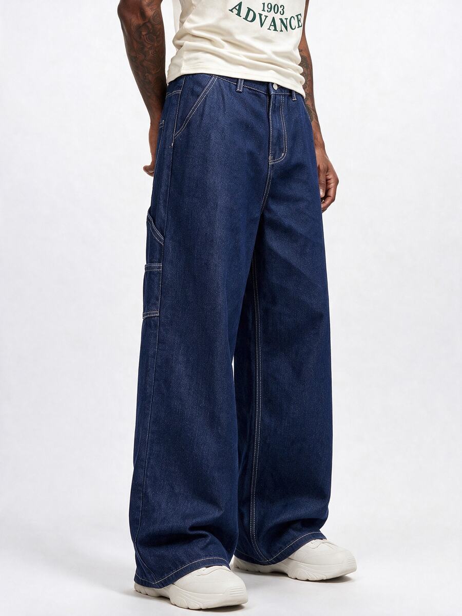 StoneGrade Men's Side Pocket Wide Leg Relaxed Fit Denim Overalls Hang Out Street Sport College - Dark Wash - View 1