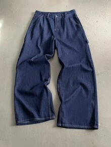 StoneGrade Men's Side Pocket Wide Leg Relaxed Fit Denim Overalls Hang Out Street Sport College - Dark Wash - View 3