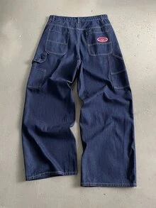 StoneGrade Men's Side Pocket Wide Leg Relaxed Fit Denim Overalls Hang Out Street Sport College - Dark Wash - View 2