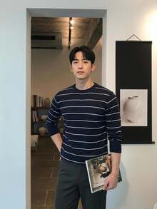 Claim Dot Men's Solid Color Sweater, Simple Daily Classic Fall Corta Vento Vacation Holiday Blue White Stripe Casual - Multicolor - View 1
