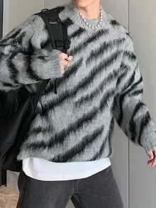 Claim Dot 男士全幅图案落肩毛绒撞色都市休闲长袖粗针毛衣，适合朋友，秋冬季 - 彩色 - 查看 3