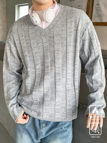 Claim Dot 男士简约休闲落肩针织毛衣，秋冬 - 灰色 - 查看 6