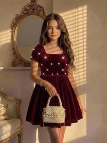 SHEIN Tween女孩兒童秋冬天鵝絨珠飾保暖內裡加厚簡約休閒派對蝴蝶結洋裝 - 紅色 - 查看 8