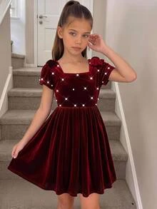 SHEIN Tween女孩兒童秋冬天鵝絨珠飾保暖內裡加厚簡約休閒派對蝴蝶結洋裝 - 紅色 - 查看 6