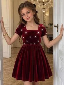 SHEIN Tween女孩兒童秋冬天鵝絨珠飾保暖內裡加厚簡約休閒派對蝴蝶結洋裝 - 紅色 - 查看 1
