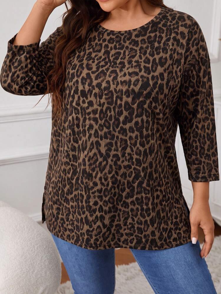 SHEIN VCAY Plus Size Leopard Print Casual Long Sleeve T-Shirt - Autumn Home Leisure - Multicolor - View 5