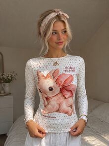 CovetEZ Cute Brown And White Polka Dot Rabbit Youthful Long Sleeve Top With Adorable Rabbit Pattern Ruffle Collar. Suitable For Autumn Brunch, Gatherings - Khaki - View 1