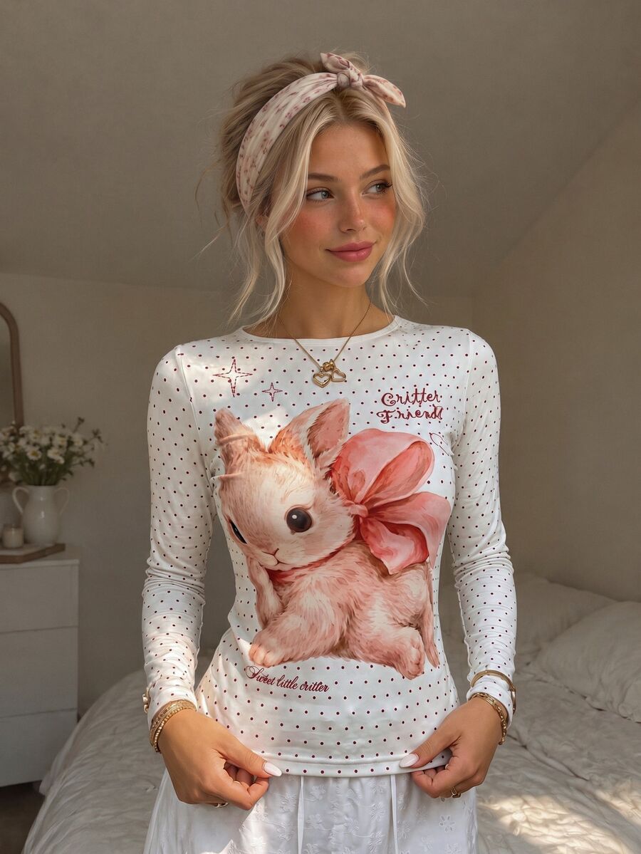 CovetEZ Cute Brown And White Polka Dot Rabbit Youthful Long Sleeve Top With Adorable Rabbit Pattern Ruffle Collar. Suitable For Autumn Brunch, Gatherings - Khaki - View 1
