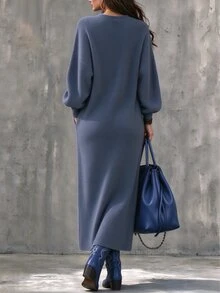 Zayélia Middle-Aged Women Solid Color V-Neck Button Half-Placket Long Sleeve Split Hem Dress - Navy Blue - View 2