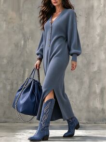 Zayélia Middle-Aged Women Solid Color V-Neck Button Half-Placket Long Sleeve Split Hem Dress - Navy Blue - View 5