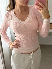 CovetEZ Striped Trim Cable Knit Sweater,Tops For School In Fall/Winter - Baby Pink - View 3