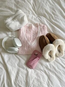 CovetEZ Striped Trim Cable Knit Sweater,Tops For School In Fall/Winter - Baby Pink - View 6