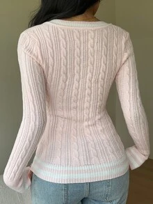 CovetEZ Striped Trim Cable Knit Sweater,Tops For School In Fall/Winter - Baby Pink - View 4