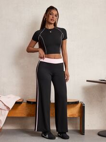 Elnivra Women's Cropped Short Sleeve Top And Striped Colorblock Long Pants Sports Set - Black - View 3