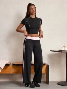 Elnivra Women's Cropped Short Sleeve Top And Striped Colorblock Long Pants Sports Set - Black - View 4
