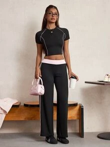 Elnivra Women's Cropped Short Sleeve Top And Striped Colorblock Long Pants Sports Set - Black - View 5