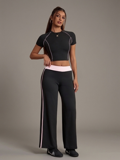 Elnivra Women's Cropped Short Sleeve Top And Striped Colorblock Long Pants Sports Set