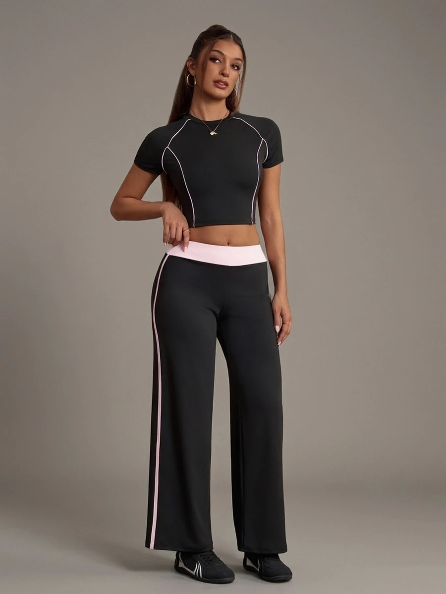 Elnivra Women's Cropped Short Sleeve Top And Striped Colorblock Long Pants Sports Set - Black - View 1