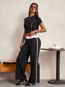 Elnivra Women's Cropped Short Sleeve Top And Striped Colorblock Long Pants Sports Set - Black - View 7
