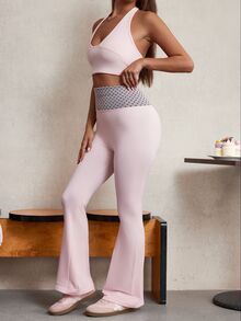 Elnivra Women's Colorblock Casual Daily Travel Sports Tight Flare Pants - Pink - View 3