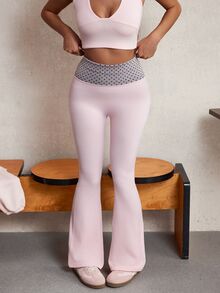 Elnivra Women's Colorblock Casual Daily Travel Sports Tight Flare Pants - Pink - View 7