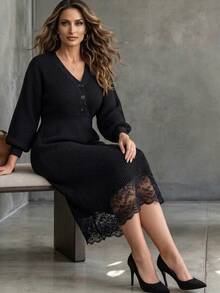 Linhara CURVE Autumn/Winter Plus Size V-Neck 2 In 1 Button Knit Dress With Lantern Sleeves, Lace Patchwork, Waist-Cinching Slimming Black Sweater Dress - Black - View 3