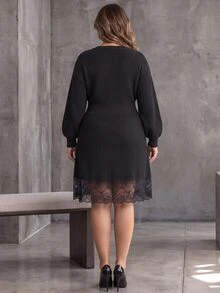 Linhara CURVE Autumn/Winter Plus Size V-Neck 2 In 1 Button Knit Dress With Lantern Sleeves, Lace Patchwork, Waist-Cinching Slimming Black Sweater Dress - Black - View 2