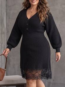 Linhara CURVE Autumn/Winter Plus Size V-Neck 2 In 1 Button Knit Dress With Lantern Sleeves, Lace Patchwork, Waist-Cinching Slimming Black Sweater Dress - Black - View 4