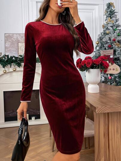 EMERY ROSE Women's Faux Pearl Trim Round Neck Long Sleeve Fitted Elegant Midi Dress Christmas Party Dress Elegant Dresses For Women Fall/Winter Dress