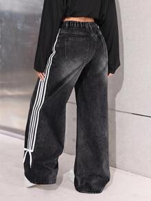 SHEIN Girls' Black Denim Loose Low-Waist Long Pants With Side Webbing And Butterfly Knot - Black - View 5