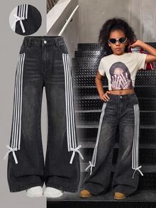 SHEIN Girls' Black Denim Loose Low-Waist Long Pants With Side Webbing And Butterfly Knot - Black - View 2