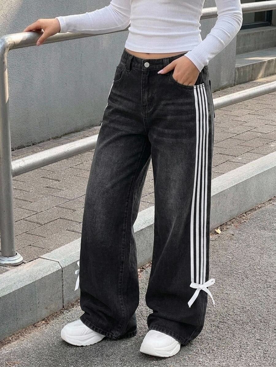 SHEIN Girls' Black Denim Loose Low-Waist Long Pants With Side Webbing And Butterfly Knot - Black - View 1