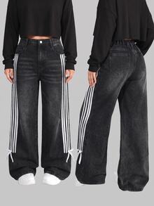 SHEIN Girls' Black Denim Loose Low-Waist Long Pants With Side Webbing And Butterfly Knot - Black - View 4
