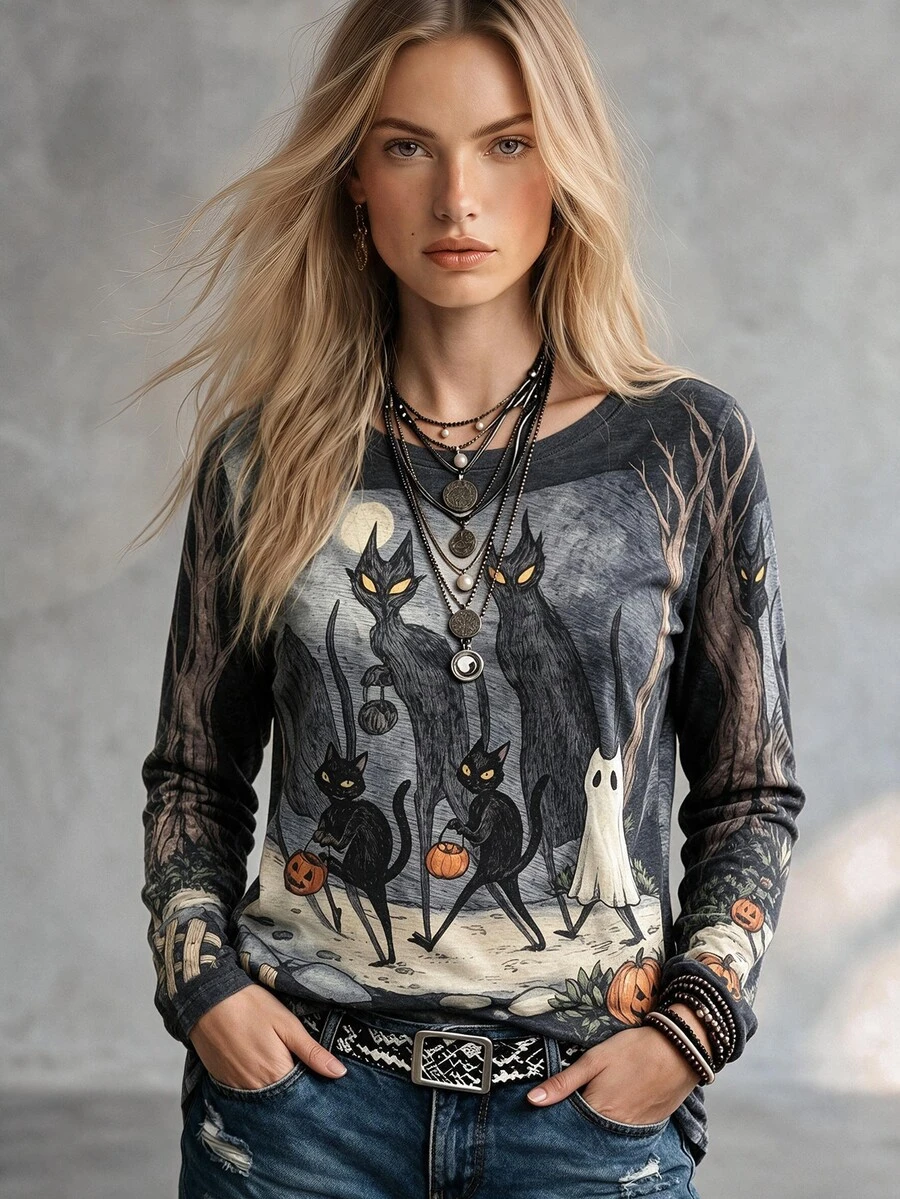 Trelyra Halloween Party, Cat Party, Ghost, Vintage Print, Suitable For Party Women Crew Neck Loose Long Sleeve T-Shirt - Multicolor - View 1