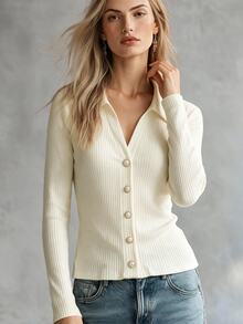 SHEIN Franclia Elegant Commuter V-Neck Textured Slim Fit Open Front Casual T-Shirt For Daily Wear, Date, Vacation, College, Office Outfit For Women - White - View 2