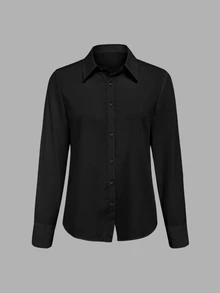 SHEIN 女士休闲百搭纯色长袖衬衫 - 黑色 - 查看 4