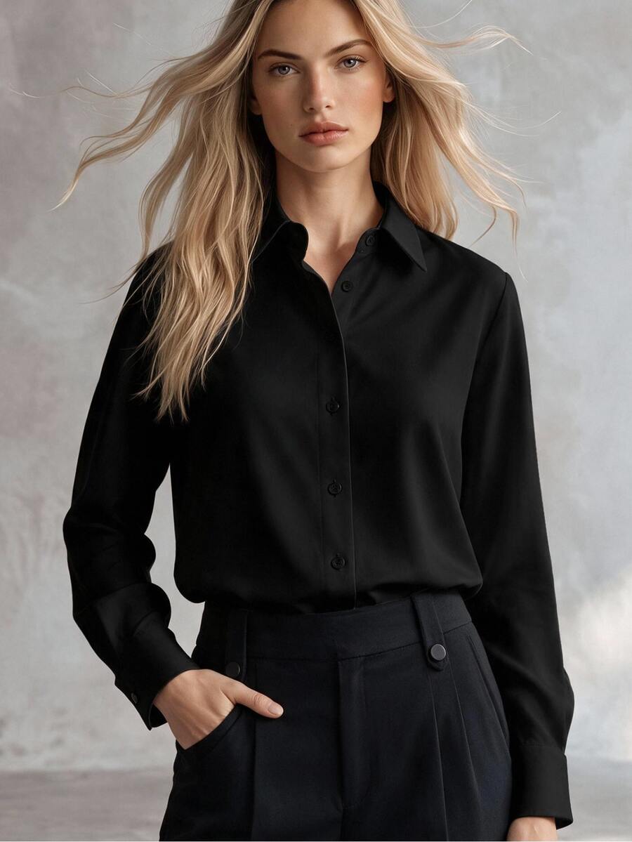 SHEIN 女士休闲百搭纯色长袖衬衫 - 黑色 - 查看 1