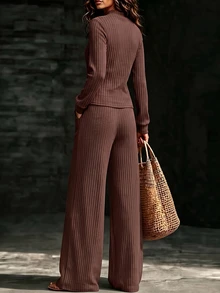 Omancia Brown Embroidered Small V-Neck 2 Pieces Set, Vertical Ribbed Waist-Cinched Long Sleeve Top + Loose Flared Wide Leg Pants, Soft Commuter Outfit - Coffee Brown - View 2