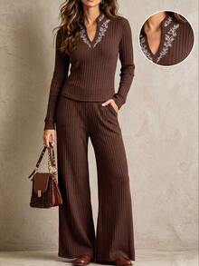 Omancia Brown Embroidered Small V-Neck 2 Pieces Set, Vertical Ribbed Waist-Cinched Long Sleeve Top + Loose Flared Wide Leg Pants, Soft Commuter Outfit - Coffee Brown - View 3