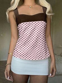 CovetEZ 2026 New Sweet Casual Party Pink Polka Dot Contrast Color Splice Open Back Tie Camisole For Women - Multicolor - View 5