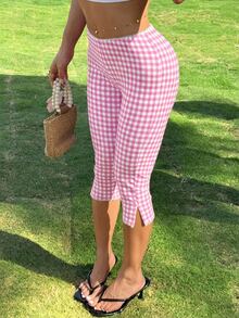 CovetEZ Pink Plaid Knitted Elastic Leggings For Women - Pink - View 3