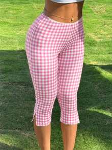 CovetEZ Pink Plaid Knitted Elastic Leggings For Women - Pink - View 5