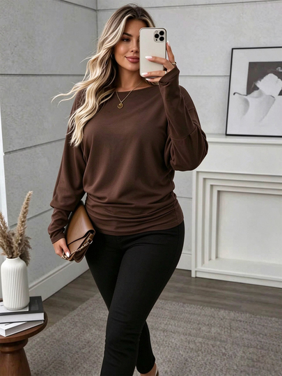 Elenzga 1pc Women's Plus Size Solid Color Round Neck Long Sleeve Casual Shirt, Suitable For Daily Indoor And Outdoor Wear In Autumn Fall